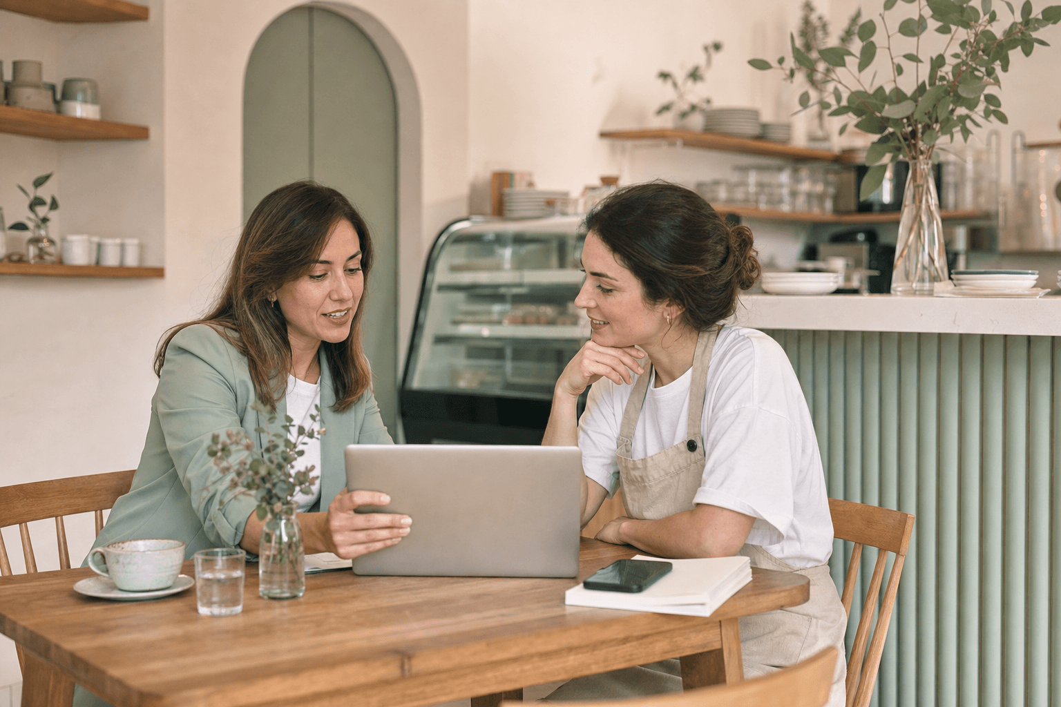 A consultant and a small-business manager reviewing an improvement plan together