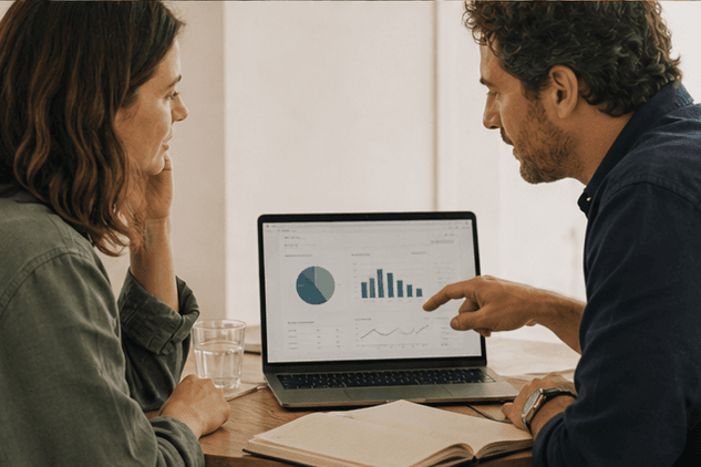 A manager and consultant reviewing clear business data on a laptop