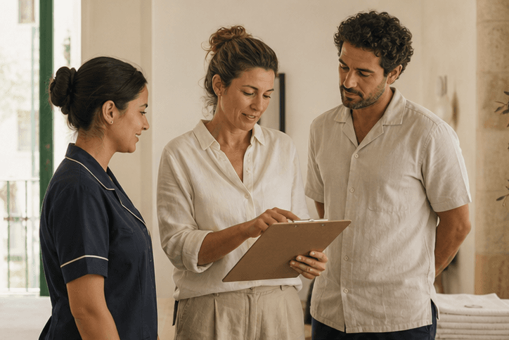 A consultant reviewing daily operations with a hospitality team